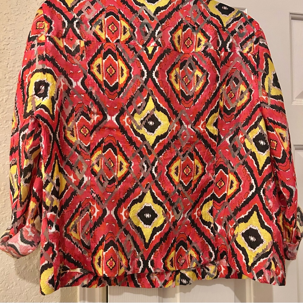 Ruby Rd. Red Yellow Black Ikat Button-Front Blouse - Picture 4 of 7